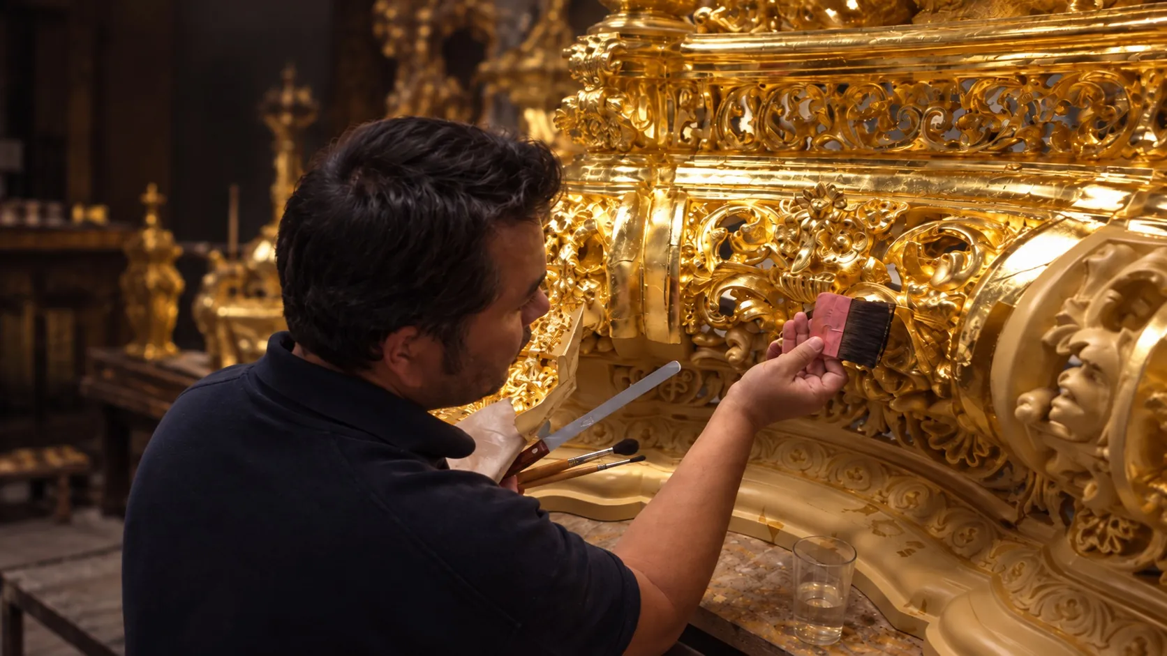 Abel Velarde durante un trabajo de dorado y restauración